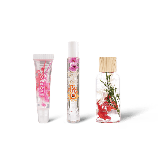 Blossom Sunset Sensation - Moisturizing Lip Gloss Tube, Roll-On Perfume Oil, and Coconut Body Oil - BL-BUNDLEMIX5