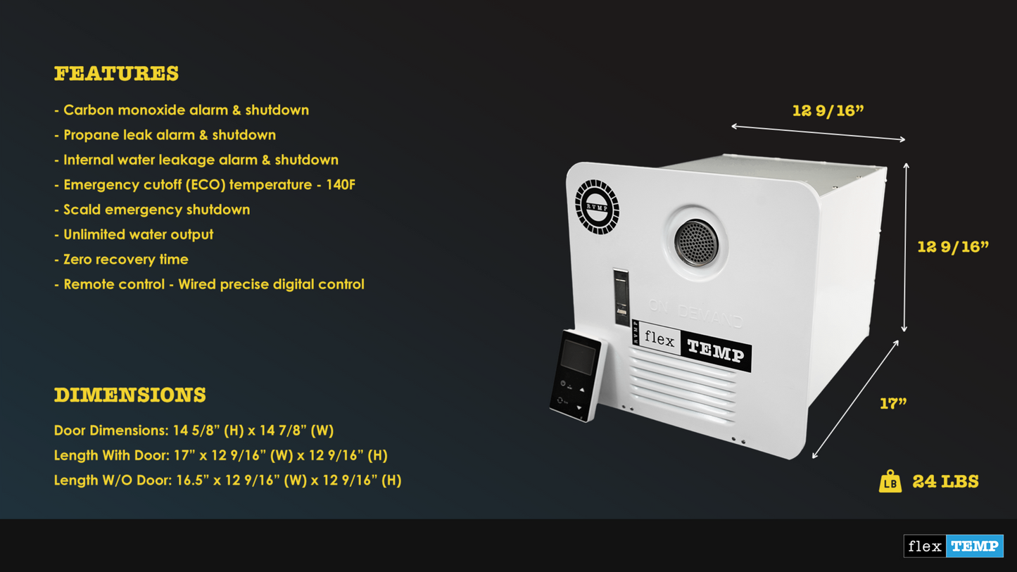 RVMP Flex Temp On-Demand Propane Tankless Water Heater for RVs  | Black Color | Anti-Freezing System | Anti-Scald System | Digital Remote | FG-SBMC-12 - 240171