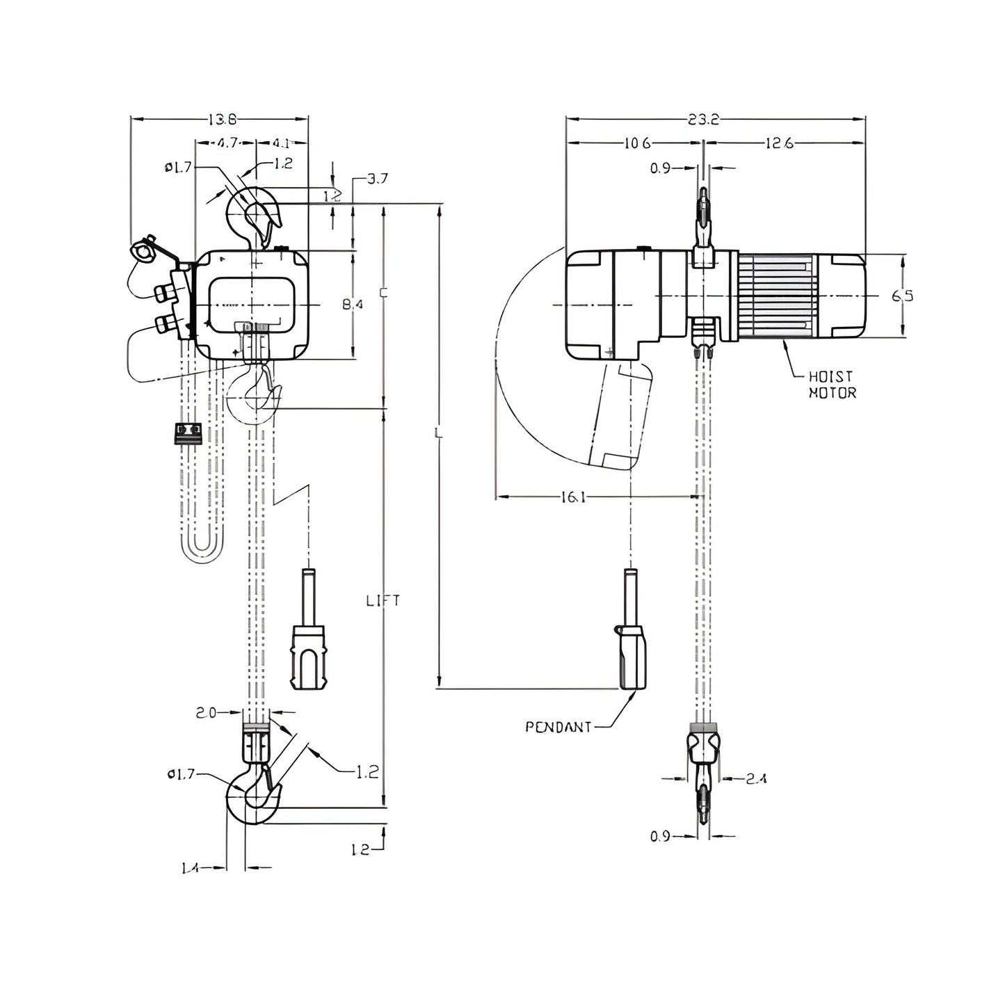Harrington NER010L Electric Chain Hoist 1 Ton Capacity with 10FT Chain Fall - New Surplus - Harrington NER010L
