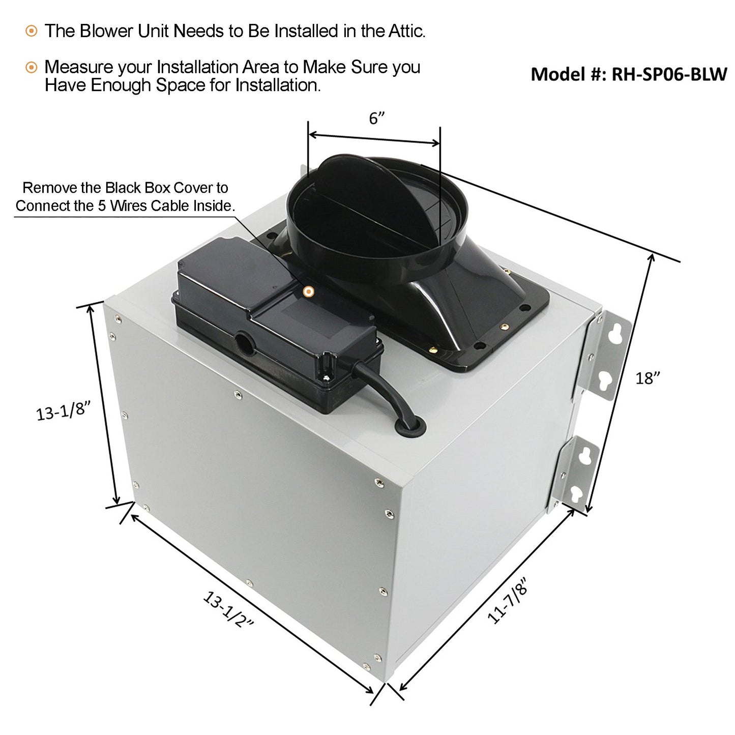Awoco RH-SP06-BLW 6" Inline Blower Unit for Split Range Hoods, 4 Speeds 6” Round Top Vent, 800CFM - RH-SP06-BLW