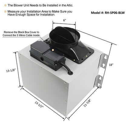 Awoco RH-SP06-BLW 6" Inline Blower Unit for Split Range Hoods, 4 Speeds 6” Round Top Vent, 800CFM - RH-SP06-BLW