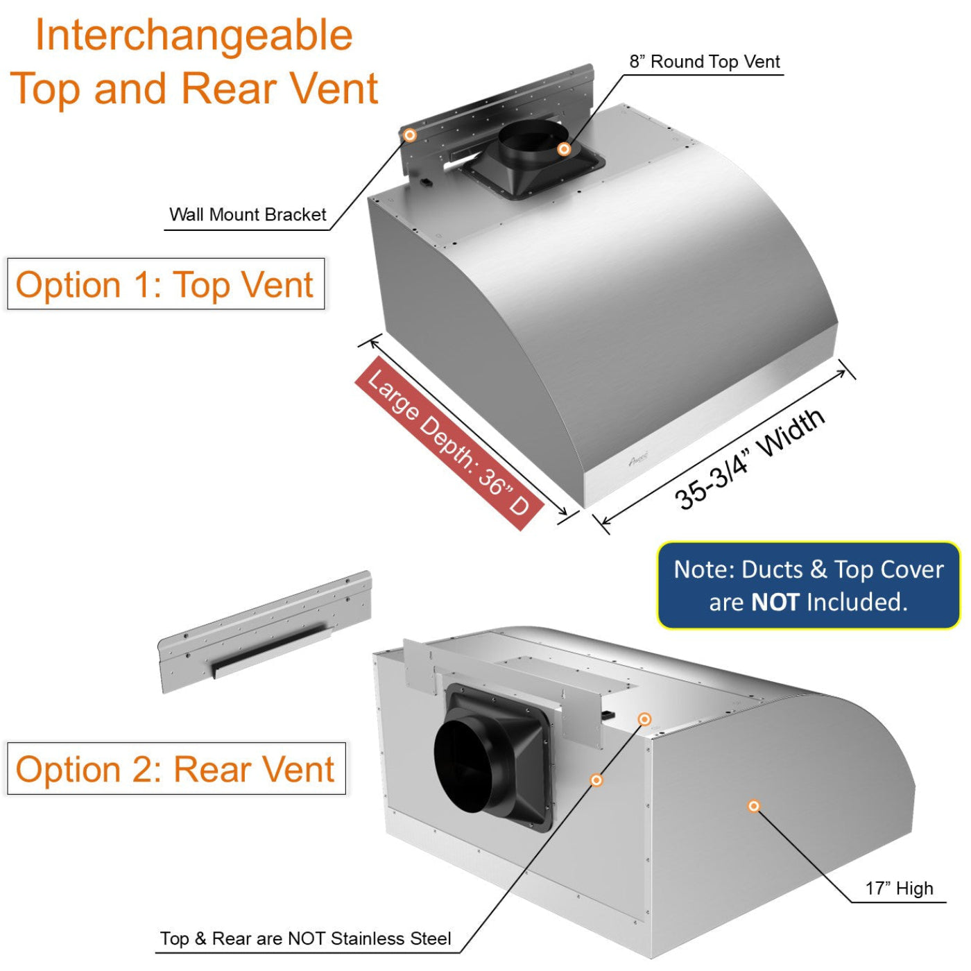 Awoco 36" Outdoor BBQ Vent Hood 18" High Type 304 Stainless Steel, 4 Speeds 1000 CFM with Chimney Cover, 8” Round Top Vent - AWC-RH-WM-BBQ-36+Chim-12x36