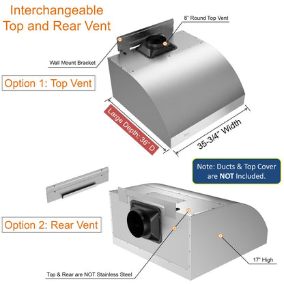 Awoco 36" Outdoor BBQ Vent Hood 18" High Type 304 Stainless Steel, 4 Speeds 1000 CFM with Chimney Cover, 8” Round Top Vent - AWC-RH-WM-BBQ-36+Chim-12x36