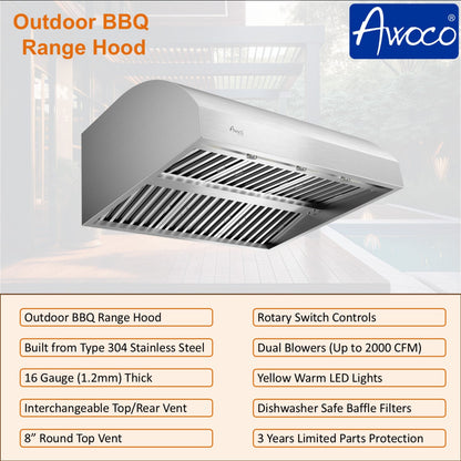 Awoco 48" Outdoor BBQ Vent Hood 18" High Type 304 Stainless Steel, 4 Speeds 2000 CFM with Chimney Cover, 8” Round Top Vent - AWC-RH-WM-BBQ-48+Chim-12x48