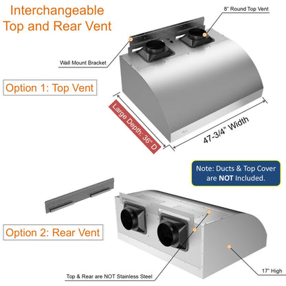 Awoco 48" Outdoor BBQ Vent Hood 18" High Type 304 Stainless Steel, 4 Speeds 2000 CFM with Chimney Cover, 8” Round Top Vent - AWC-RH-WM-BBQ-48+Chim-12x48