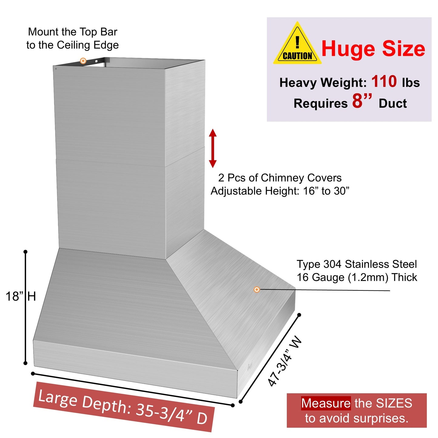 Awoco 48” Outdoor BBQ Wall Mount Vent Hood Type 304 Stainless Steel, 4 Speeds 2000 CFM, Dual Blowers, Adjustable LED Lights, 2 x 8” Round Top Vents - AWC-RH-WM-OD48