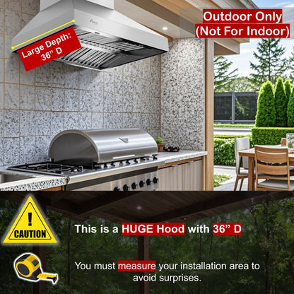 Awoco 48” Outdoor BBQ Wall Mount Vent Hood Type 304 Stainless Steel, 4 Speeds 2000 CFM, Dual Blowers, Adjustable LED Lights, 2 x 8” Round Top Vents - AWC-RH-WM-OD48