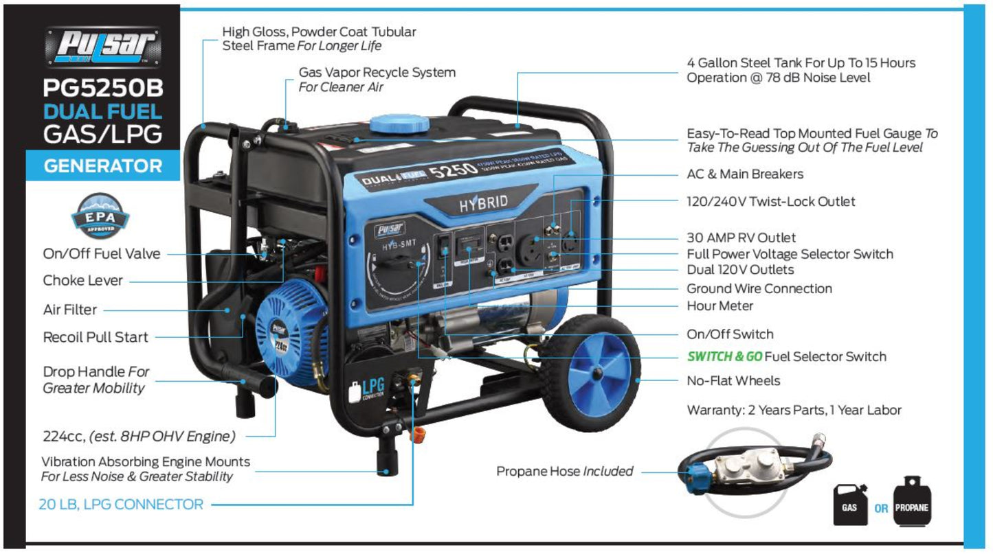 Aurora Generators Pulsar PG5250B 5,250 Peak Watt Dual-Fuel Generator - PowerGen USA - PG5250B