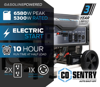 Aurora Generators Pulsar PG6580ECO 6,580-Watt Gasoline Powered Generator with CO Shutdown Sensor - PowerGen USA - PG6580ECO