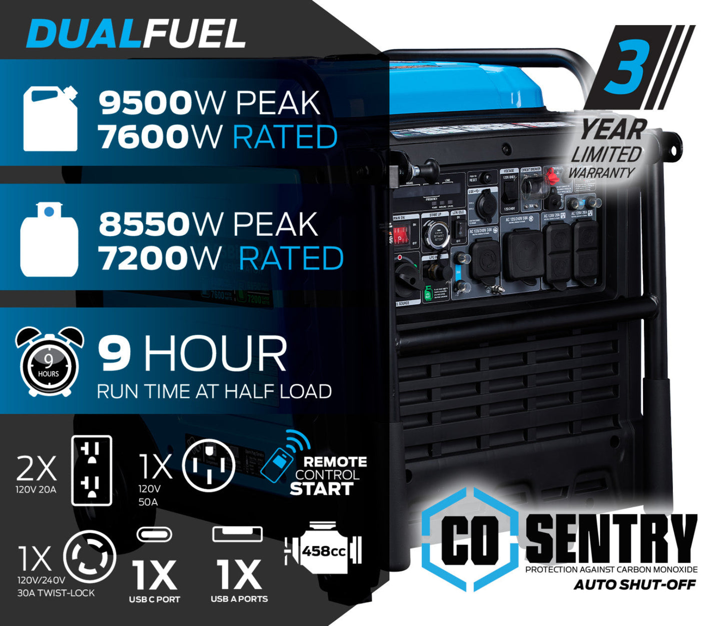 Aurora Generators Pulsar PGD95BISCO Pulsar 9,500 Watt Super Quiet Dual Fuel Inverter Generator with CO Alert and Remote Start - PowerGen USA - PGD95BISCO