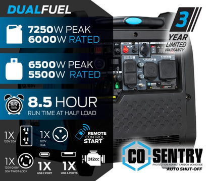 Aurora Generators Pulsar PGDA70BISCO 7,250-Watt Super Quiet Dual-Fuel Inverter Generator with CO Alert and Remote Start - PowerGen USA - PGDA70BISCO