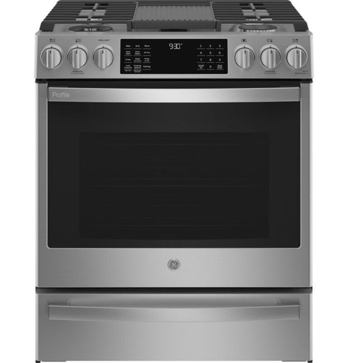 GE Appliances Profile 30" Smart Slide-In Front-Control Gas Fingerprint Resistant Range with No Preheat Air Fry Fingerprint Resistant Stainless - PGS930YPFS