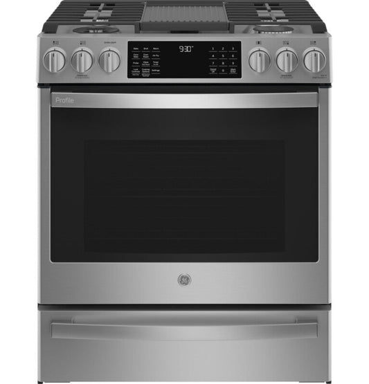 GE Appliances Profile 30" Smart Slide-In Front-Control Gas Fingerprint Resistant Range with No Preheat Air Fry Fingerprint Resistant Stainless - PGS930YPFS