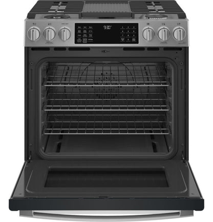 GE Appliances Profile 30" Smart Slide-In Front-Control Gas Fingerprint Resistant Range with No Preheat Air Fry Fingerprint Resistant Stainless - PGS930YPFS