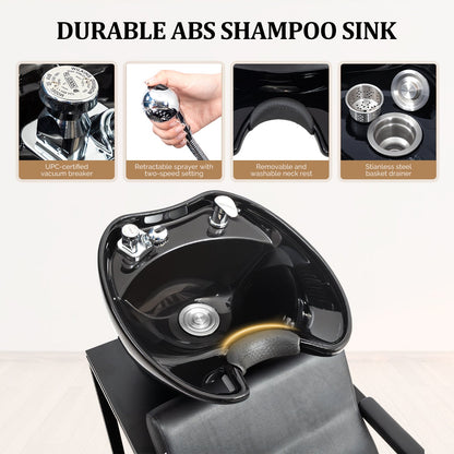 OmySalon BU2301 Salon Shampoo Backwash Chair Unit with Porcelain Bowl & Storage Shelf - G59000919