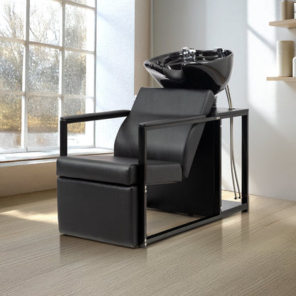 OmySalon BU2301 Salon Shampoo Backwash Chair Unit with Porcelain Bowl & Storage Shelf - G59000919