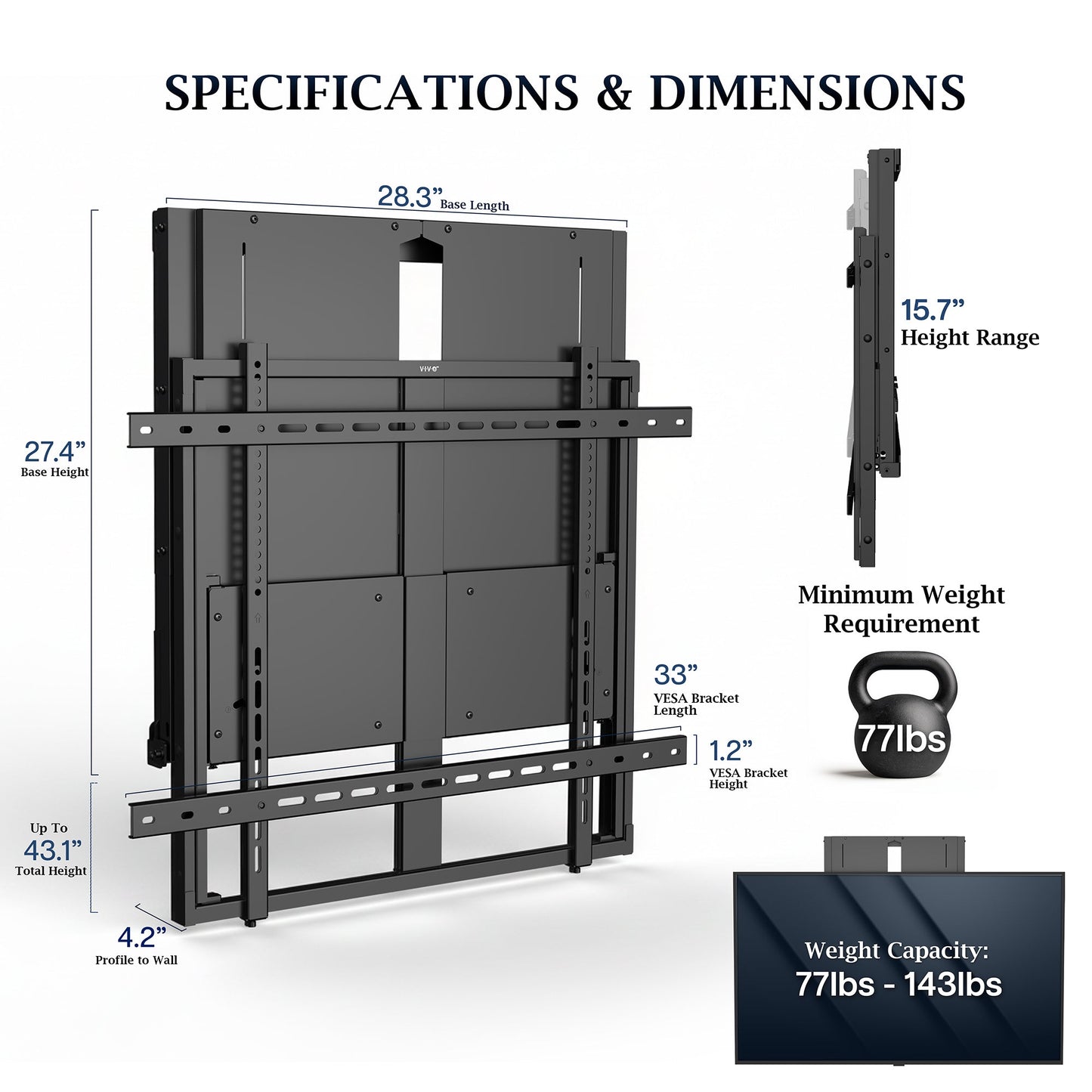 VIVO Manual Height Adjustable TV Wall Mount - 65” to 86” Screens - PRO-TVHA86