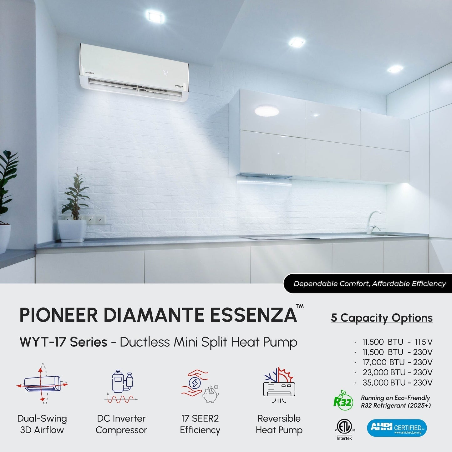 Pioneer Diamante Essenza 17,000 BTU 17 SEER2 230V High-Wall Ductless Mini-Split Air Conditioner Inverter Heat Pump with 16 Ft. Kit - WYT018GLUI17RL