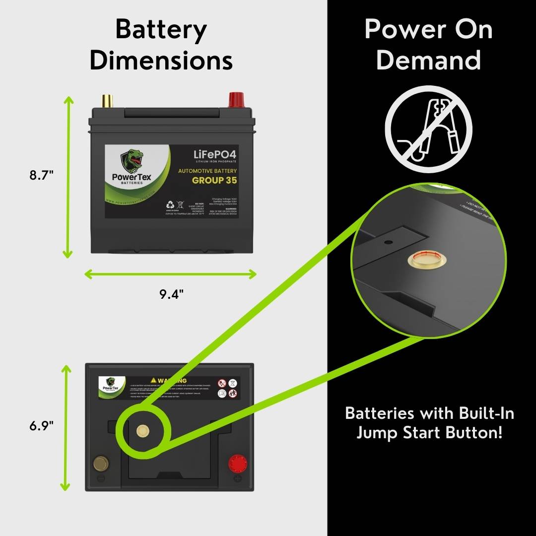 PowerTex 2019 Nissan Rogue Car Battery BCI Group 35 / Q85 Lithium LiFePO4 Automotive Battery - PTLG35-240