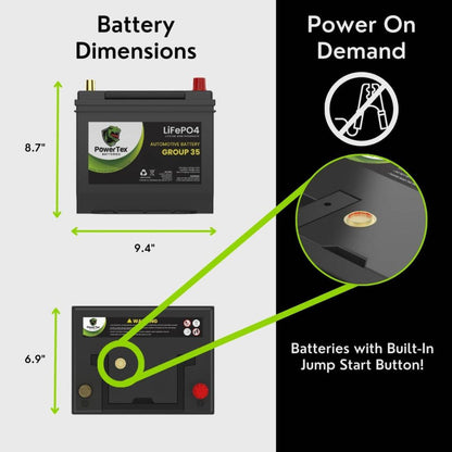 PowerTex 2022 Toyota Tundra V6 3.5L Replacement Car Battery BCI Group 35 Lithium LiFePO4 - PTLG35-038 Automotive Powertex Battery