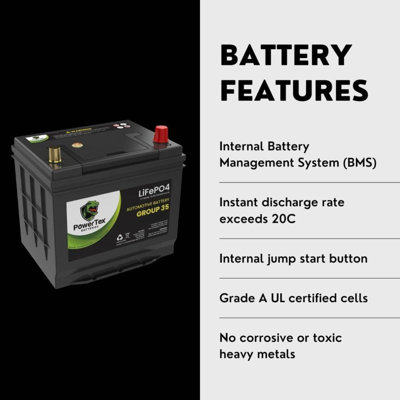 PowerTex 2022 Toyota Tundra V6 3.5L Replacement Car Battery BCI Group 35 Lithium LiFePO4 - PTLG35-038 Automotive Powertex Battery