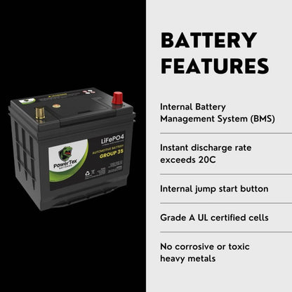 PowerTex 2022 Toyota Tundra V6 3.5L Replacement Car Battery BCI Group 35 Lithium LiFePO4 - PTLG35-038 Automotive Powertex Battery