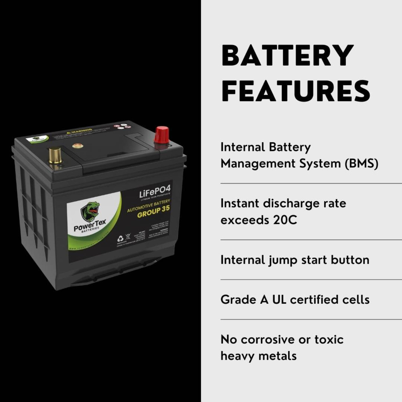 PowerTex 2008 Subaru Outback Car Battery BCI Group 35 / Q85 Lithium LiFePO4 Automotive Battery - PTLG35-424
