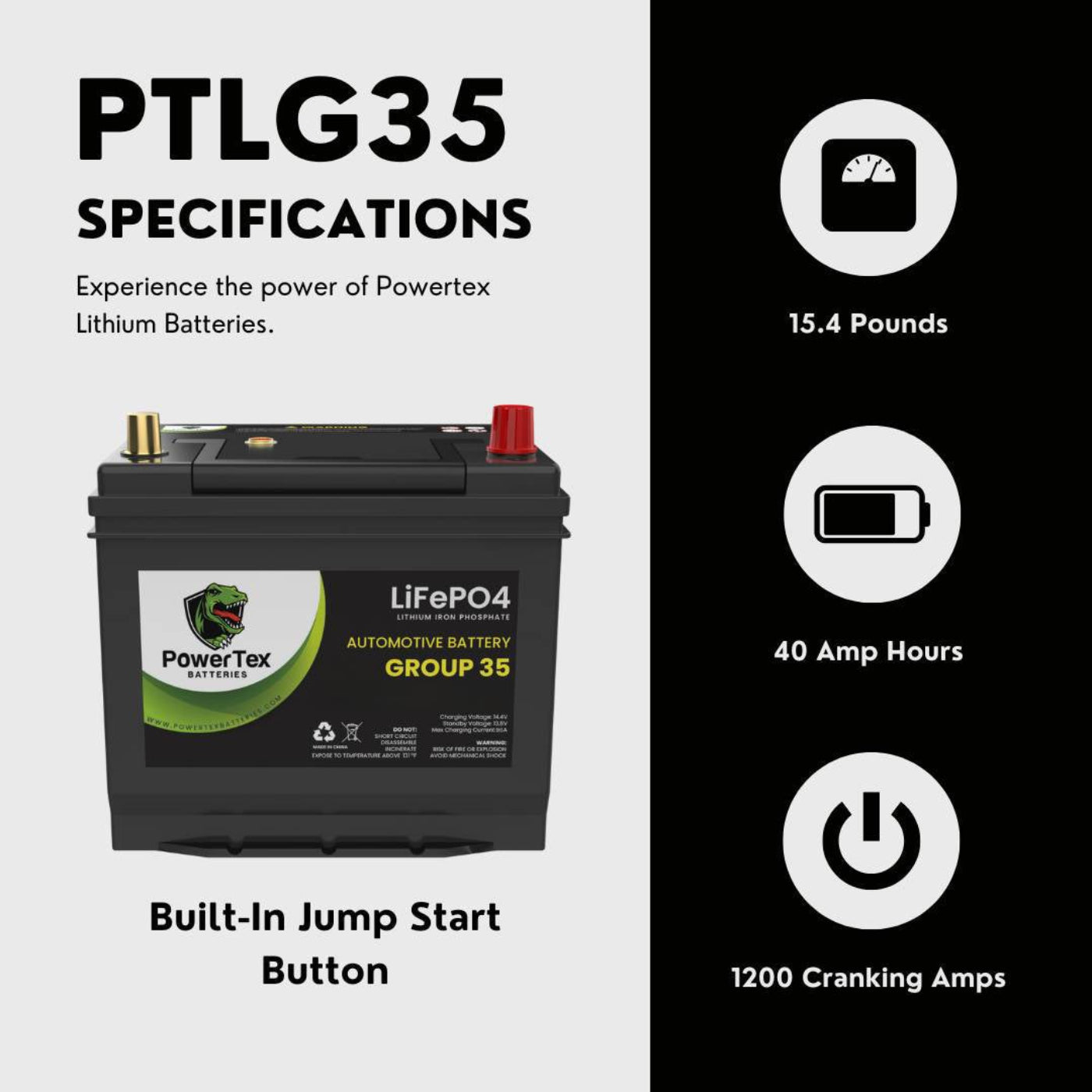 PowerTex 2016 Infiniti QX60 Car Battery BCI Group 35 / Q85 Lithium LiFePO4 Automotive Battery - PTLG35-39