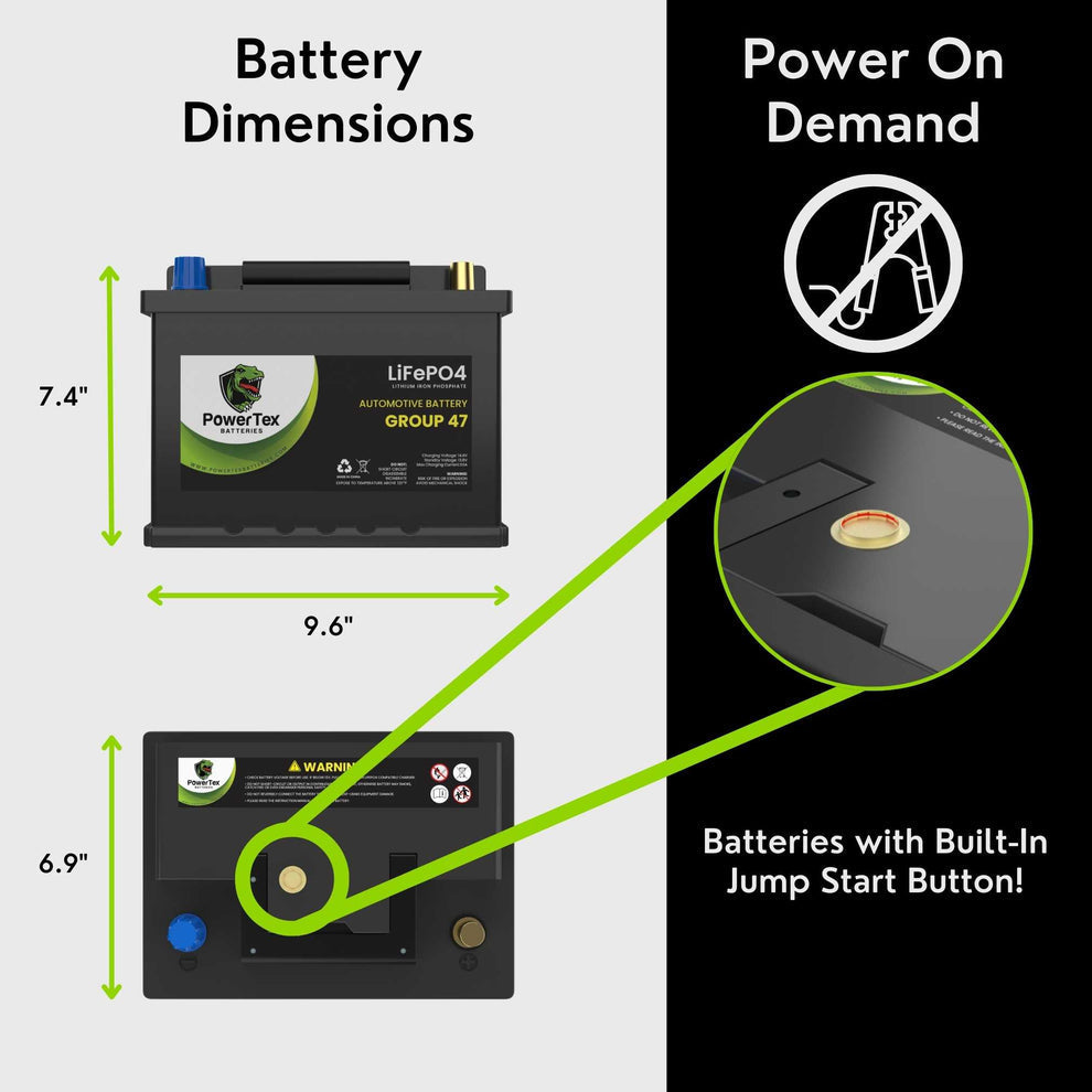 PowerTex 2022 Lexus RX450h V6 3.5LReplacement Car Battery BCI Group 47 Lithium LiFePO4 Automotive Powertex Battery - PTLG47-039