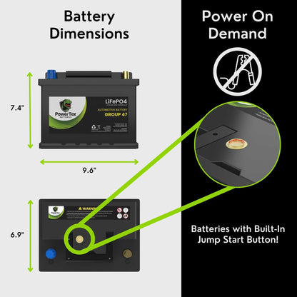 PowerTex 2018 Acura NSX Car Battery BCI Group 47 H5 Lithium LiFePO4 Replacement Automotive Battery - PTLG47-3