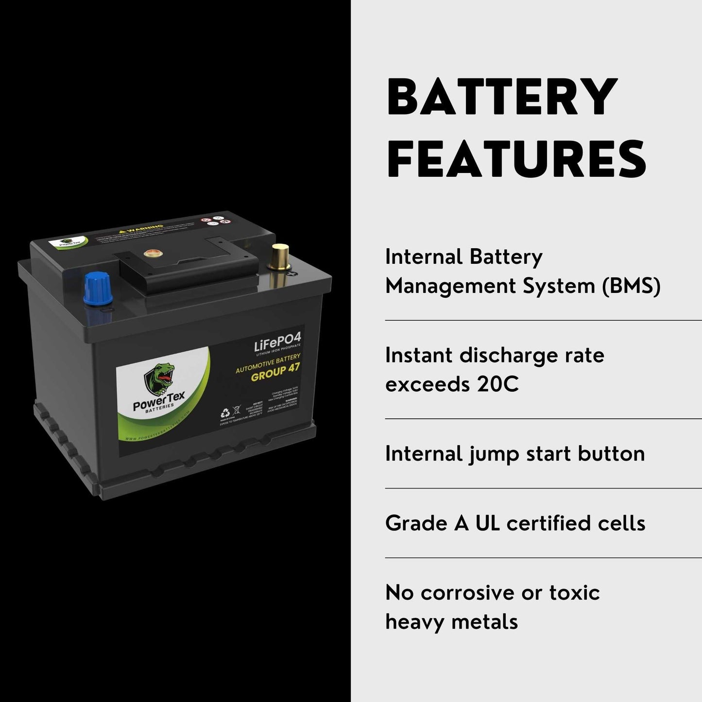 PowerTex 2011 Mini Cooper Countryman Car Battery BCI Group 47 H5 Lithium LiFePO4 Replacement Automotive Battery - PTLG47-458