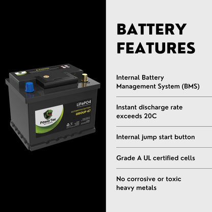 PowerTex 2011 Mini Cooper Countryman Car Battery BCI Group 47 H5 Lithium LiFePO4 Replacement Automotive Battery - PTLG47-458
