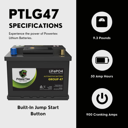 PowerTex 2011 Mini Cooper Car Battery BCI Group 47 H5 Lithium LiFePO4 Replacement Automotive Battery - PTLG47-457