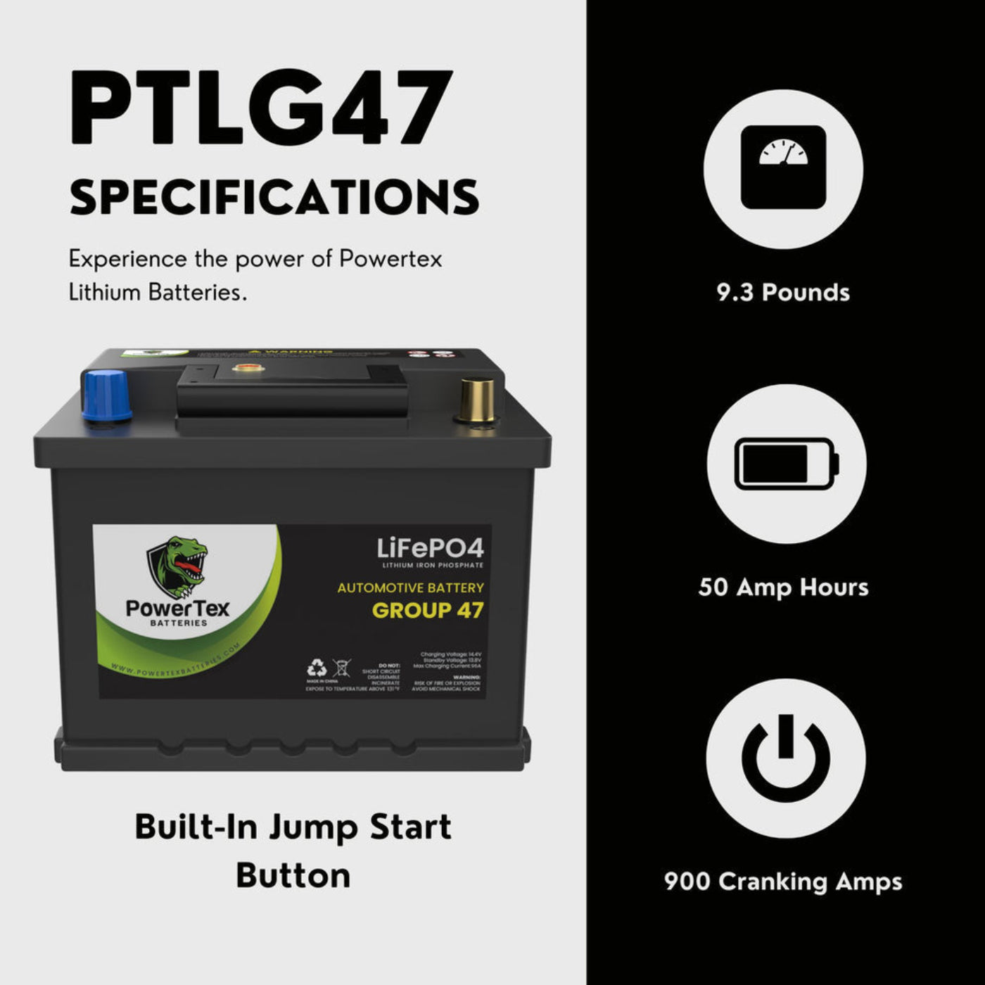 PowerTex 2021 Volkswagen Jetta L4 1.4LReplacement Car Battery BCI Group 47 Lithium LiFePO4 Automotive Powertex Battery - PTLG47-087