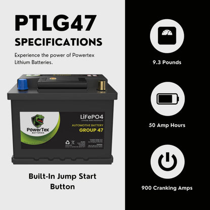 PowerTex 2021 Volkswagen Jetta L4 1.4LReplacement Car Battery BCI Group 47 Lithium LiFePO4 Automotive Powertex Battery - PTLG47-087