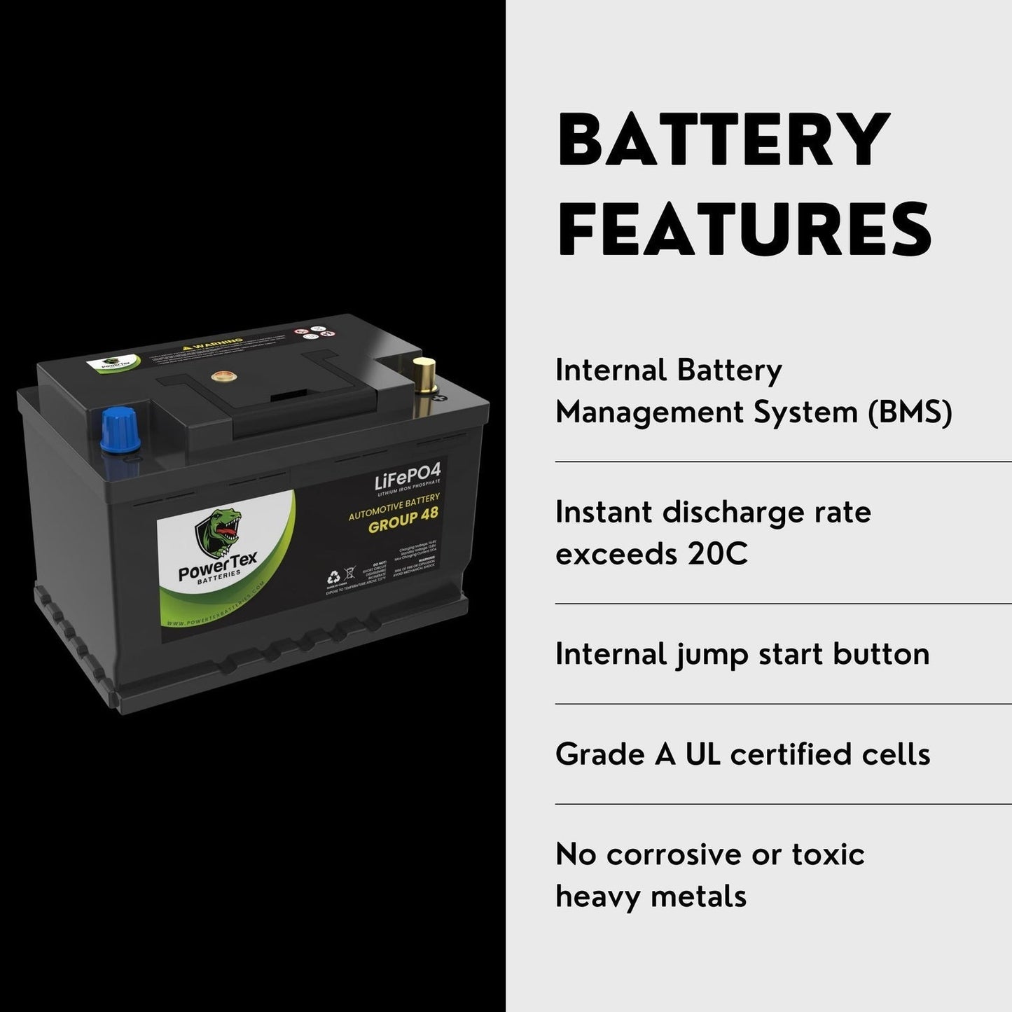 PowerTex 2022 Volkswagen Arteon L4 2.0L Replacement Car Battery BCI Group 48 Lithium LiFePO4 Automotive Powertex Battery - PTLG48-0532
