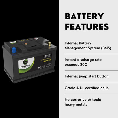 PowerTex 2019 Kia Stinger Car Battery BCI Group 48 / H6 Lithium LiFePO4 Replacement Automotive Battery - PTLG48-1102