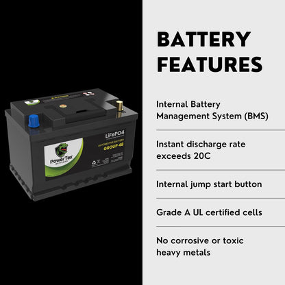 2022 Jeep Gladiator V6 3.6L Replacement Car Battery BCI Group 48 Lithium LiFePO4 Automotive Powertex Battery