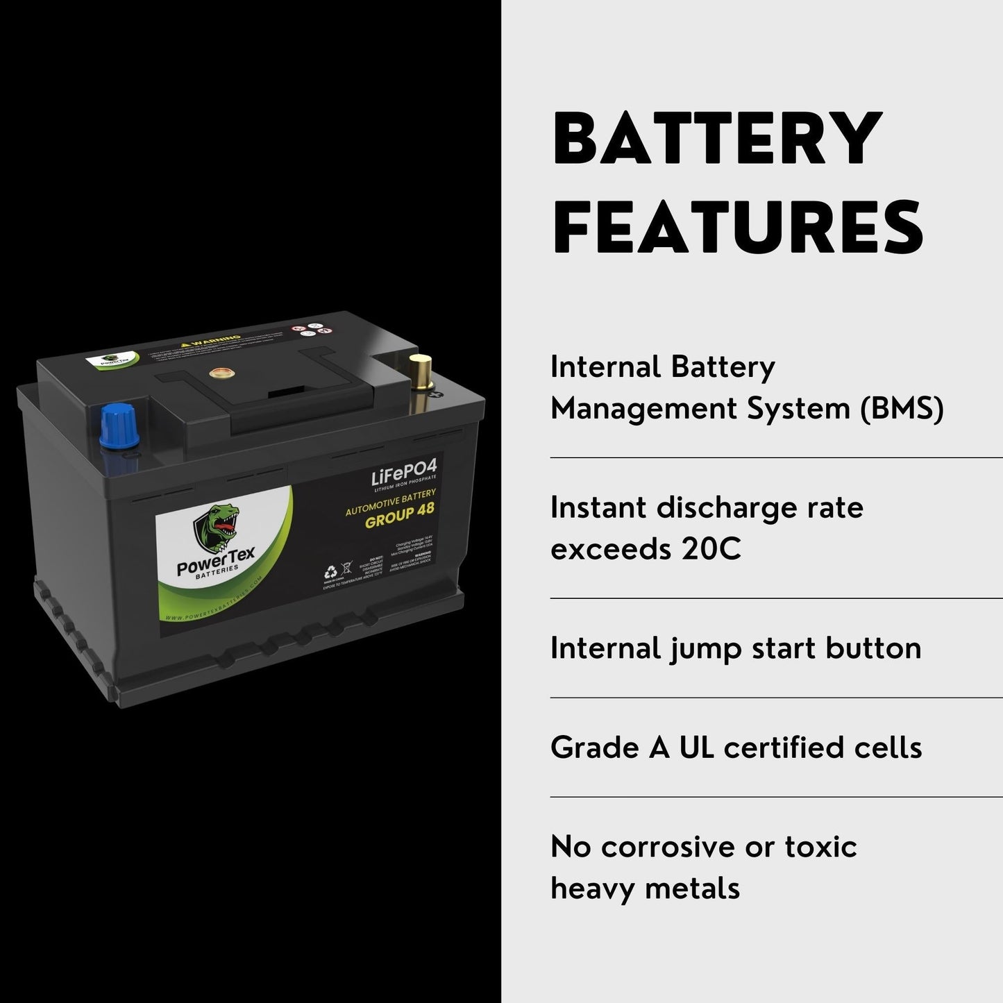 PowerTex 2021 Kia Stinger Car Battery BCI Group 48 / H6 Lithium LiFePO4 Replacement Automotive Battery -   PTLG48-1098