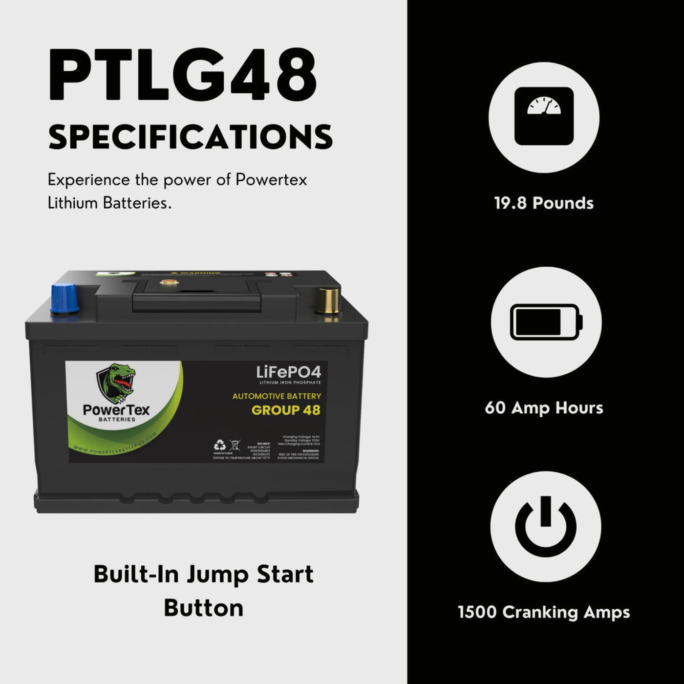 PowerTex 2023 Ford Explorer V6 3.0L Replacement Car Battery BCI Group 48 Lithium LiFePO4 Automotive Powertex Battery - PTLG48-0274