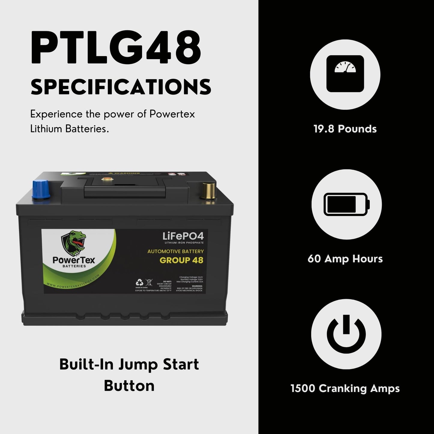 PowerTex 2009 Porsche Cayenne Car Battery BCI Group 48 / H6 Lithium LiFePO4 Replacement Automotive Battery - PTLG48-1678