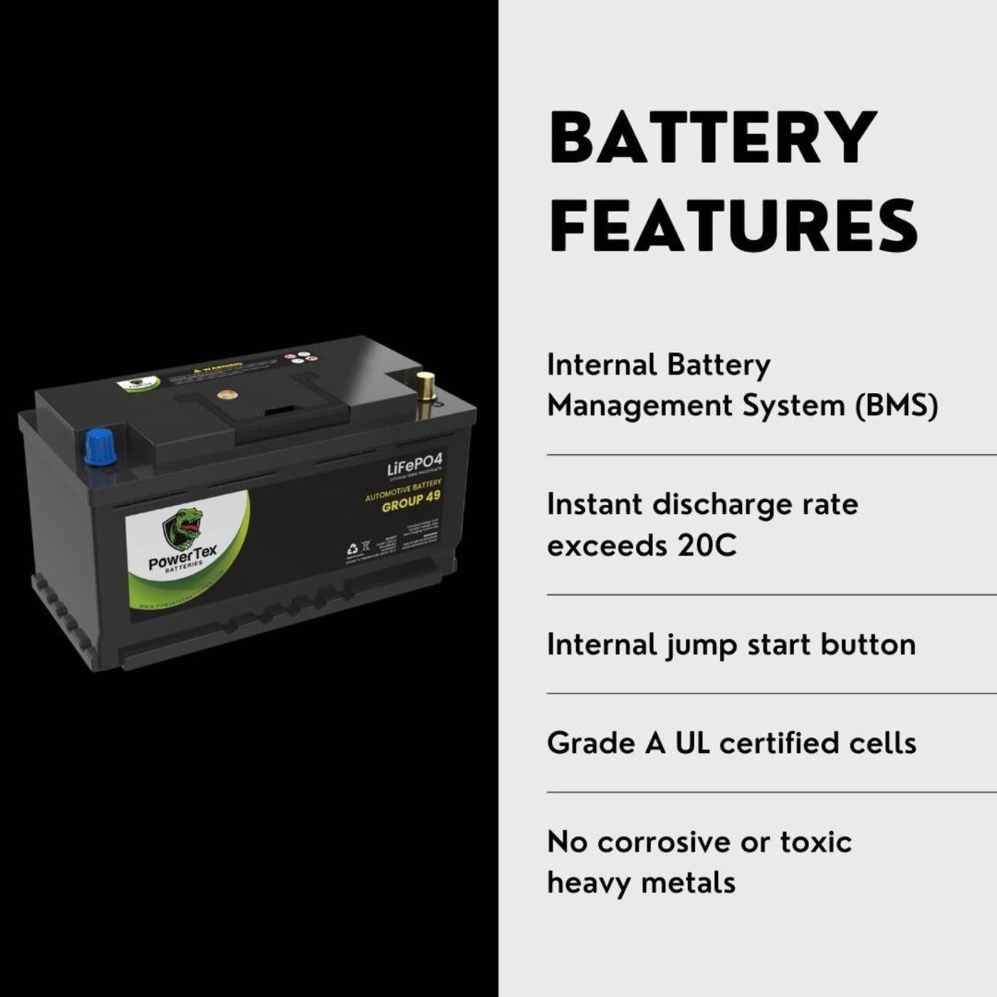 PowerTex 2006 BMW 323i Car Battery BCI Group 49 / H8 Replacement Lithium LiFePO4 Automotive Battery - PTLG49-854