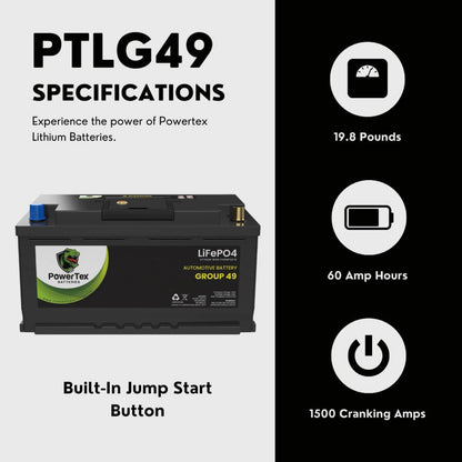 PowerTexPowerTex 2012 Porsche Cayenne Car Battery BCI Group 49 / H8 Replacement Lithium LiFePO4 Automotive Battery - PTLG49-1618