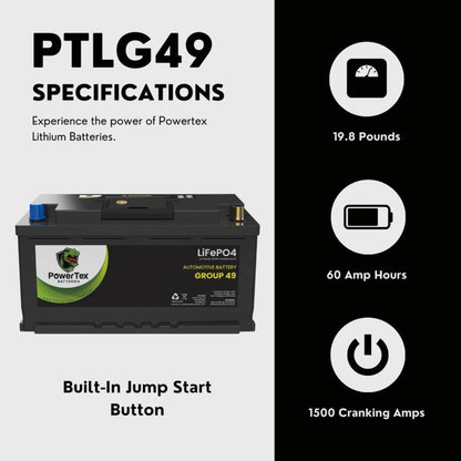 PowerTex 2024 Lincoln Navigator V6 3.5LReplacement Car Battery BCI Group 49 Lithium LiFePO4 Automotive Powertex Battery - PTLG49-085