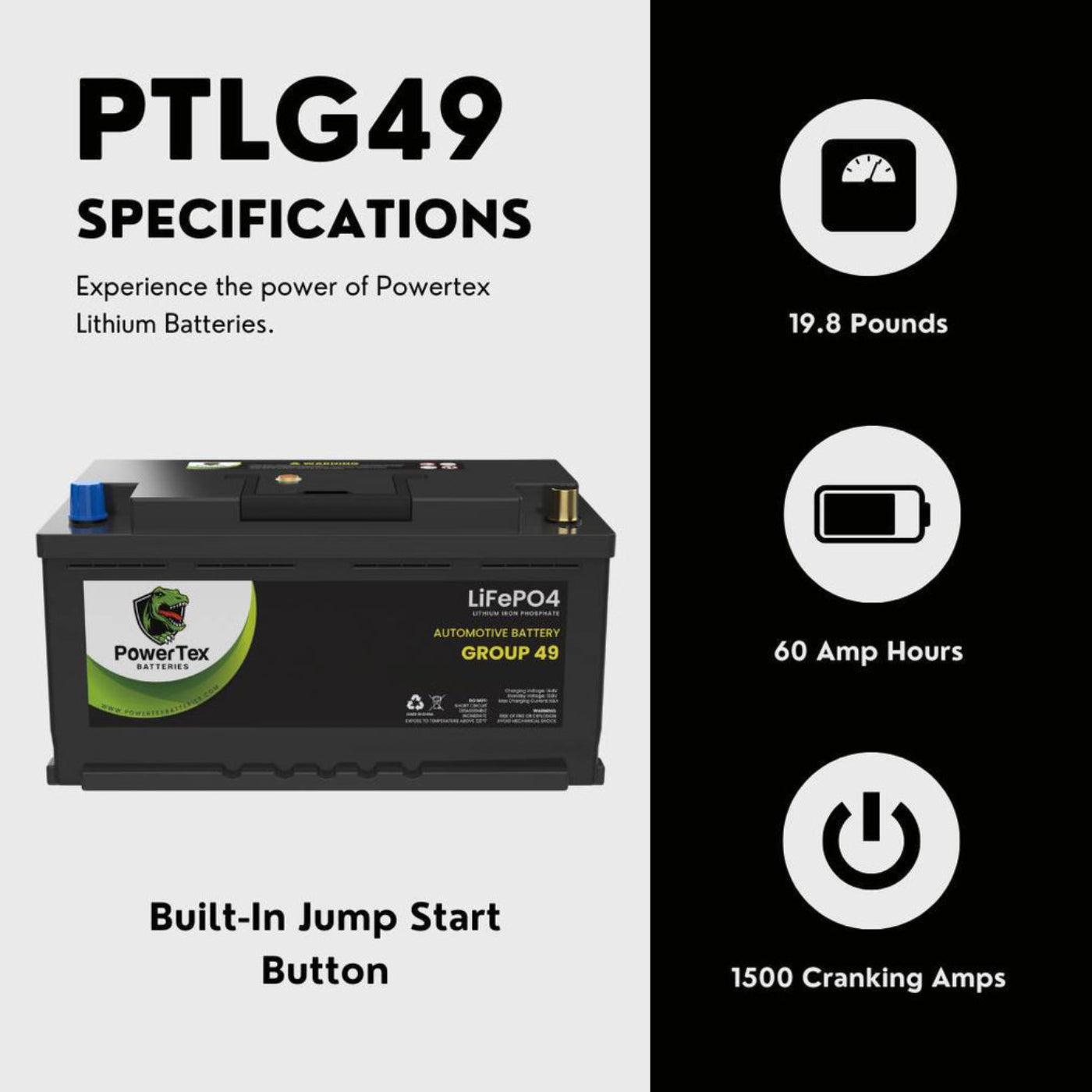 PowerTex 2022 Porsche Macan L4 2.0LReplacement Car Battery BCI Group 49 Lithium LiFePO4 Automotive Powertex Battery - PTLG49-024