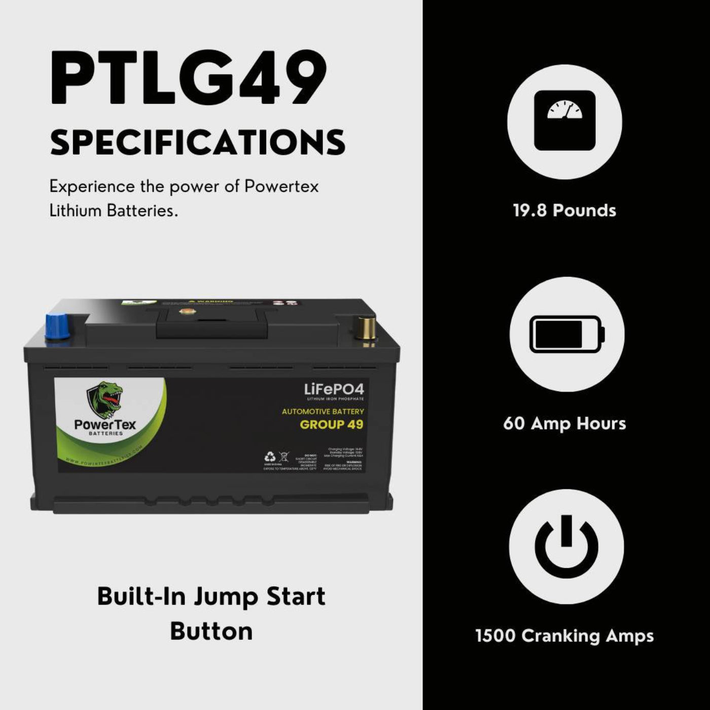 PowerTex 2021 Dodge Durango Car Battery BCI Group 49 / H8 Replacement Lithium LiFePO4 Automotive Battery - PTLG49-907