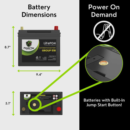 PowerTex 2005 Acura TSX Car Battery BCI Group 51R Lithium LiFePO4 Replacement Automotive Battery - PTLG51R-27