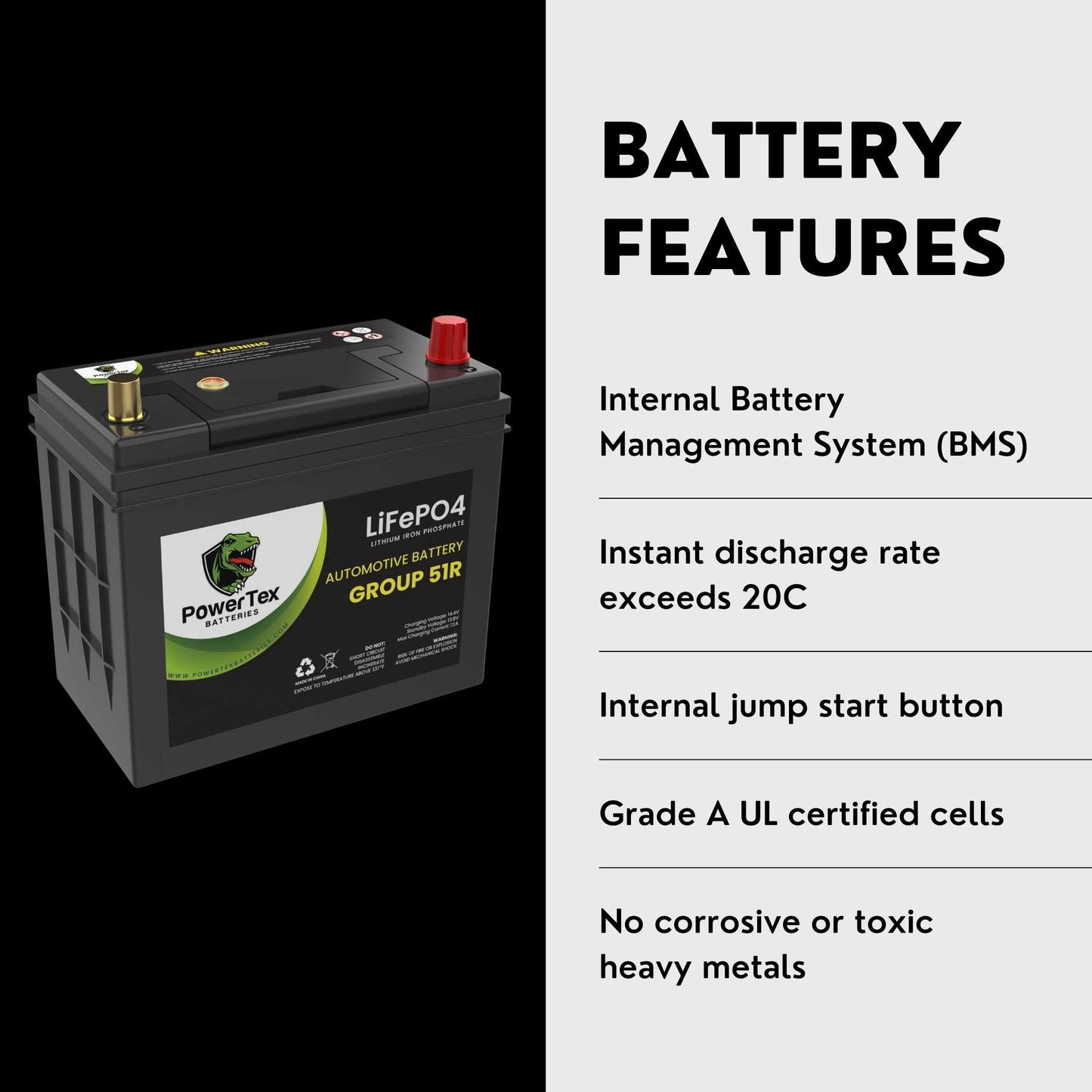 PowerTex 2018 Infiniti QX60 Car Battery BCI Group 51R Lithium LiFePO4 Replacement Automotive Battery - PTLG51R-102