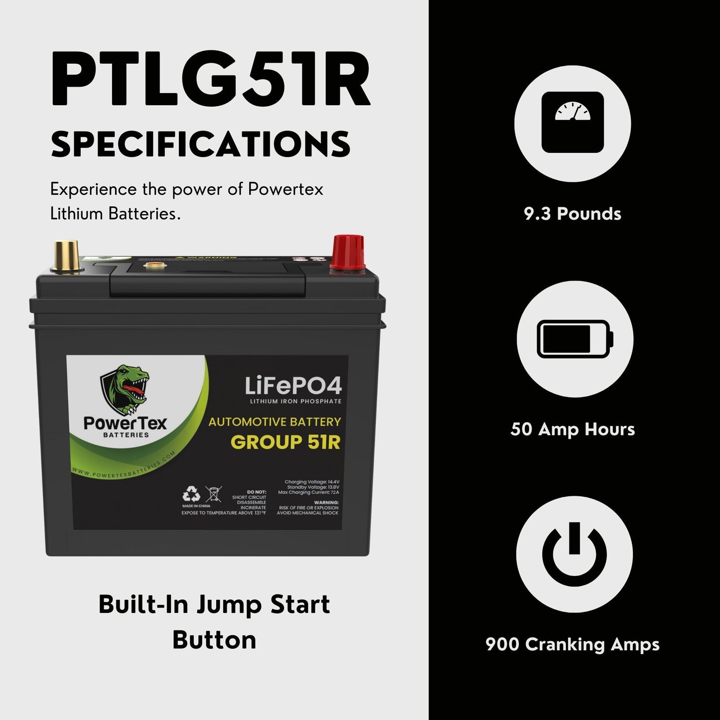 PowerTex 2012 Nissan Versa Car Battery BCI Group 51R Lithium LiFePO4 Replacement Automotive Battery - PTLG51R-149