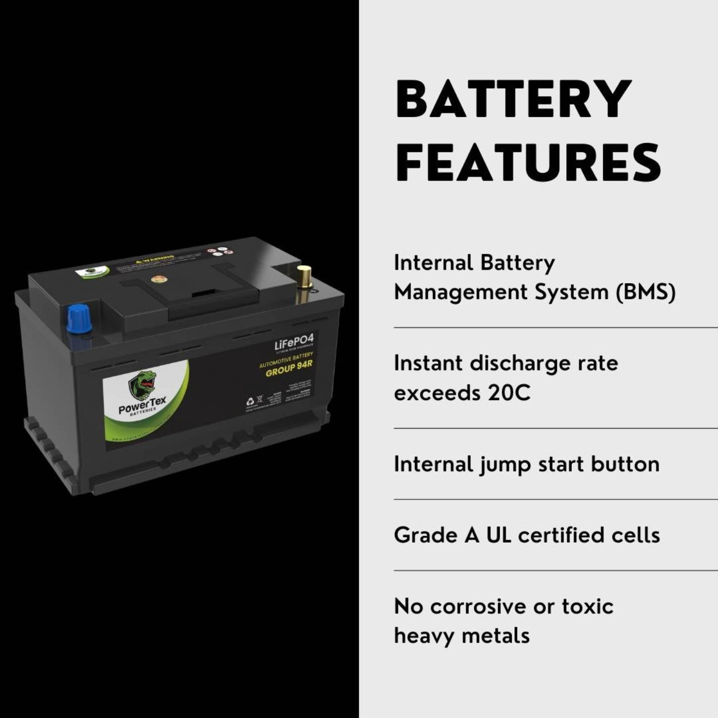 PowerTex 2014 Porsche Cayenne Car Battery BCI Group 94R / H7 Lithium LiFePO4 Automotive Battery - PTLG94R-1153